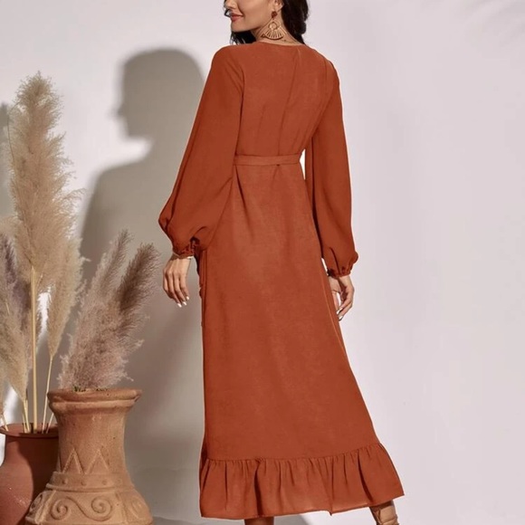 Boho ruffle v neck long sleeve midi wrap dress - Picture 3 of 7